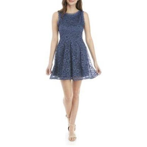AS U WISH *NWT* Skater Mini Dress Size L Floral Lace Sleeveless Blue Flirty Sexy - Picture 1 of 6
